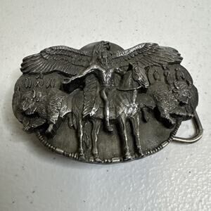 Vintage Belt Western Buckle Buffalo Indian Eagle Pewter Siskiyou 1986 USA made